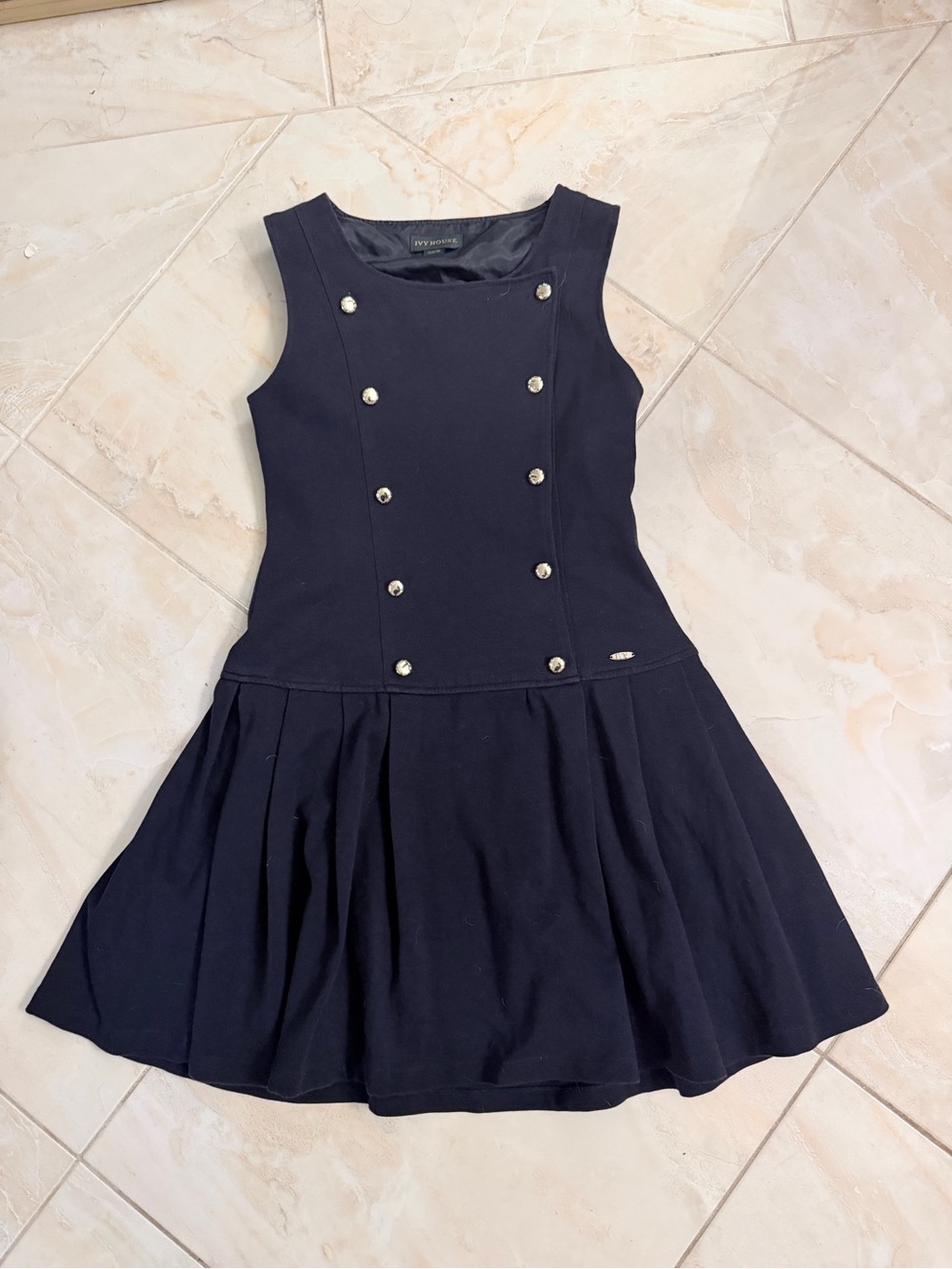 Navy Sleeveless Pleated Dress with Decorative Buttons